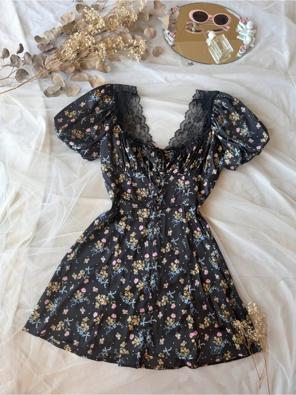 For Love And Lemons August Floral Bow Satin Lace Trim Mini Dress
